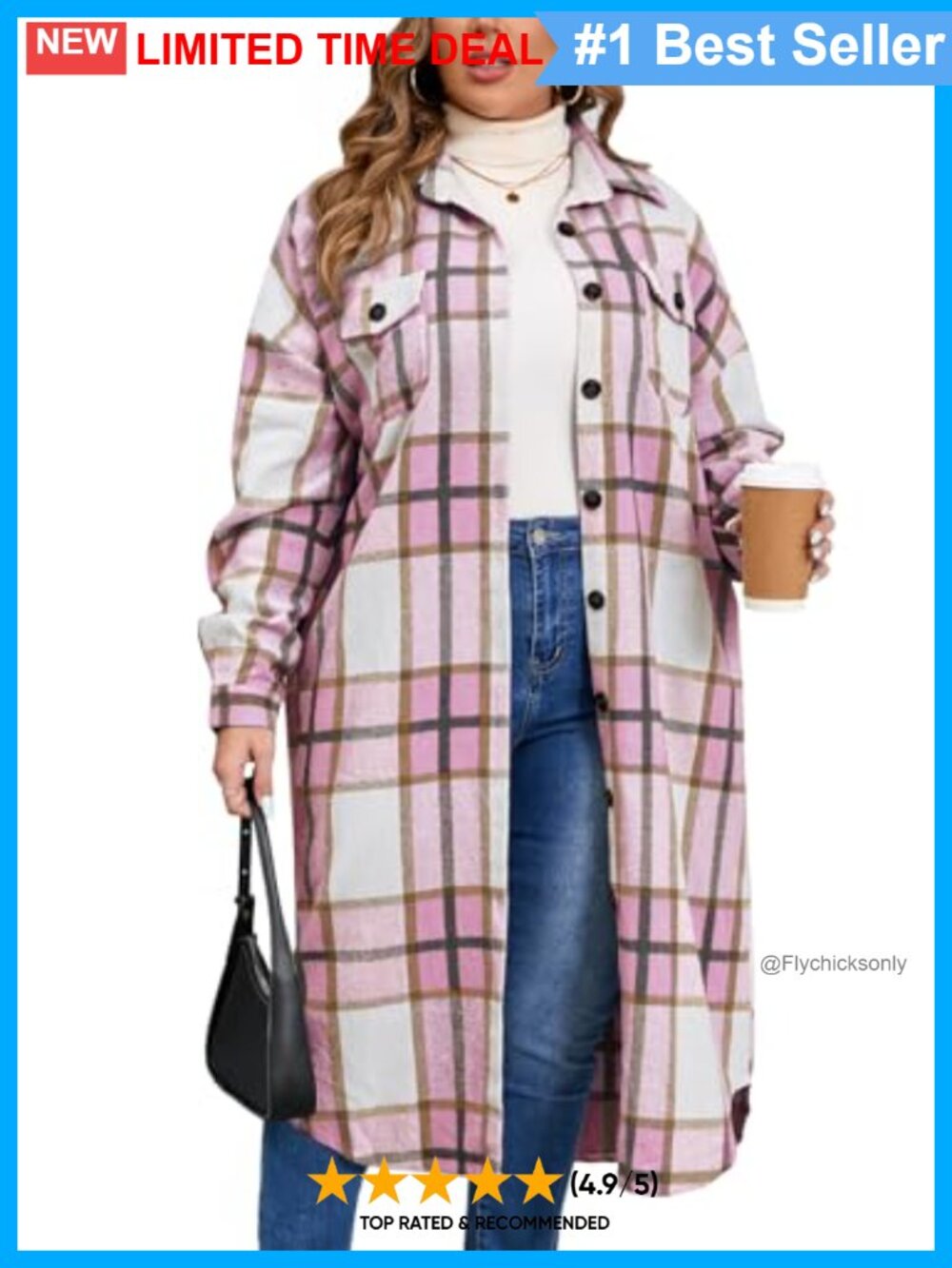 Plus Size Long Flannel Plaid Shacket Oversized Button Down Jacket